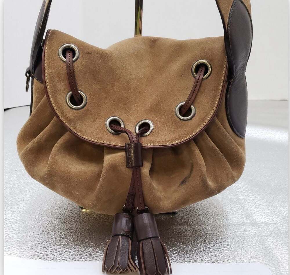 Moschino Cheap and Chic Brown Suede Leather Trim Drawstring Shoulder Bag - Picture 2 of 9